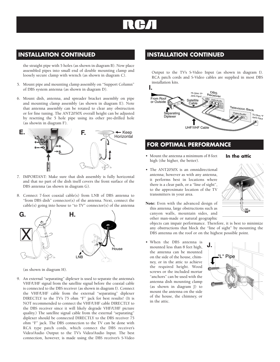 E. f, Installation continued, For optimal performance | RCA ANT2050X User Manual | Page 4 / 4