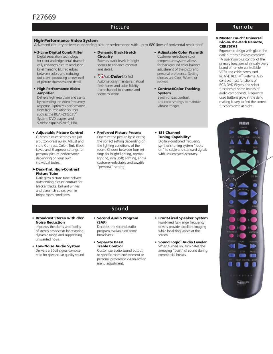 Picture remote sound | RCA F27669 User Manual | Page 2 / 4