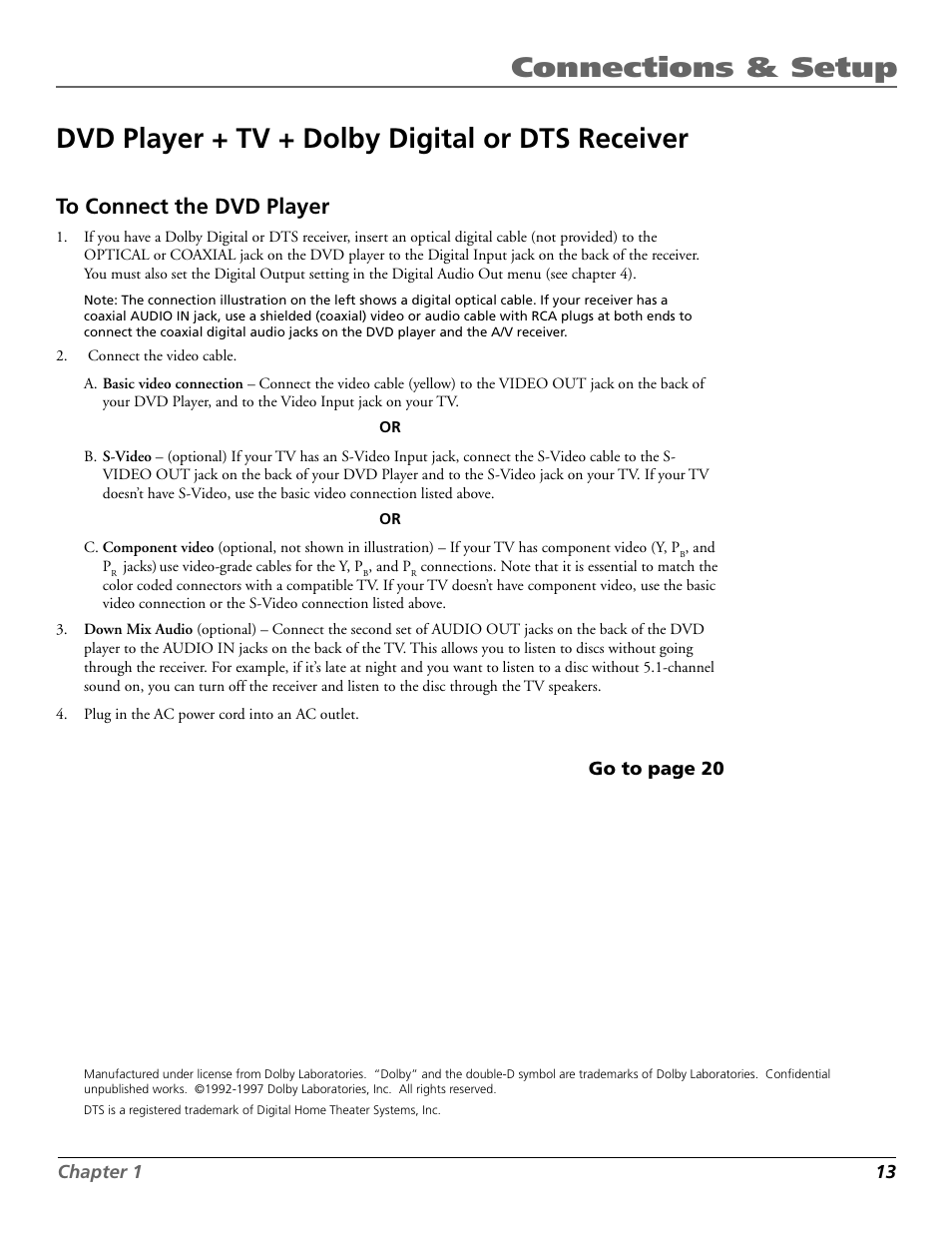 Connections & setup, Dvd player + tv + dolby digital or dts receiver | RCA RC5920P User Manual | Page 15 / 74