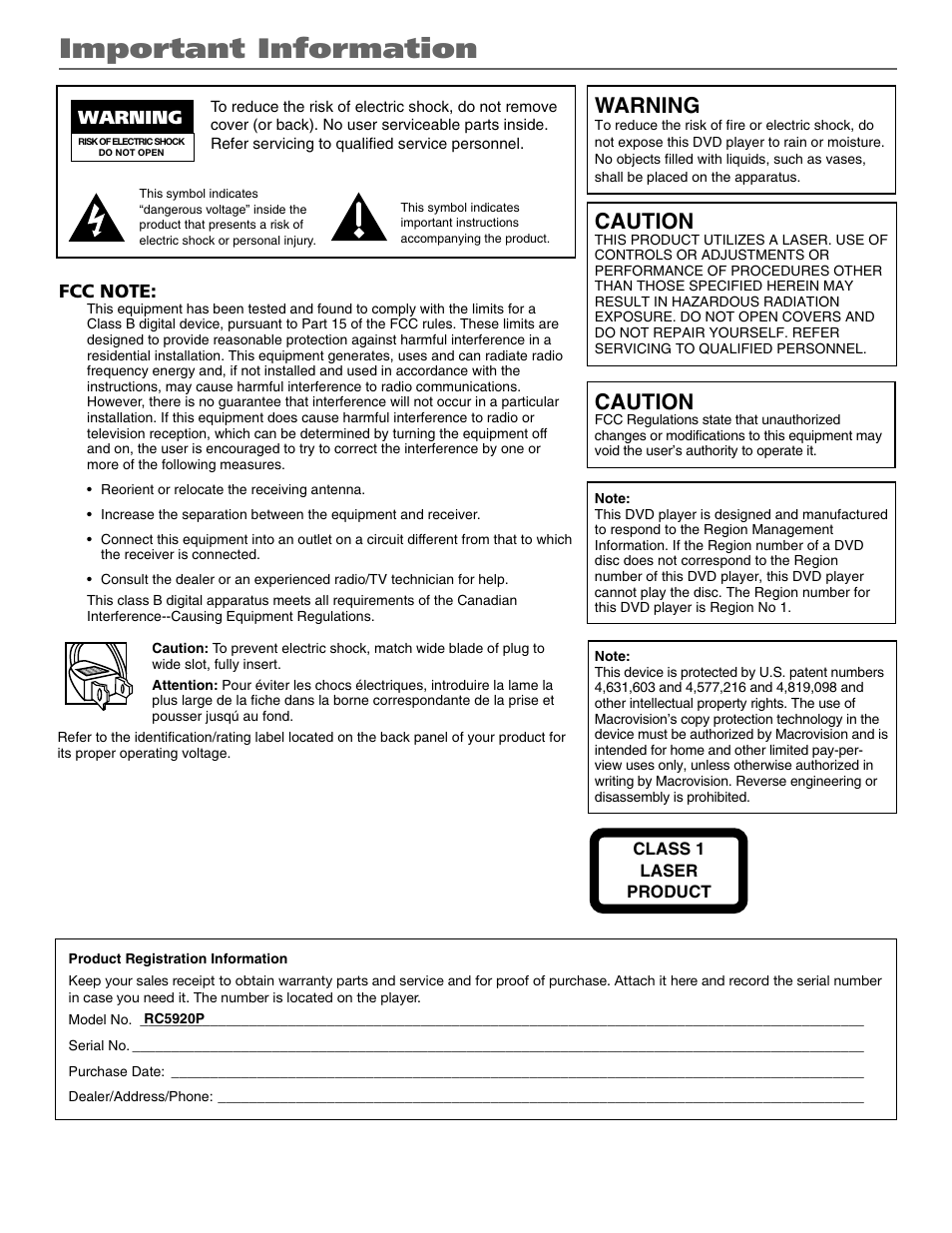 Important information, Warning, Caution | RCA RC5920P User Manual | Page 2 / 74