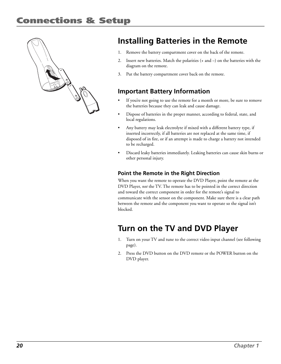 Connections & setup, Installing batteries in the remote, Turn on the tv and dvd player | Important battery information | RCA RC5920P User Manual | Page 22 / 74