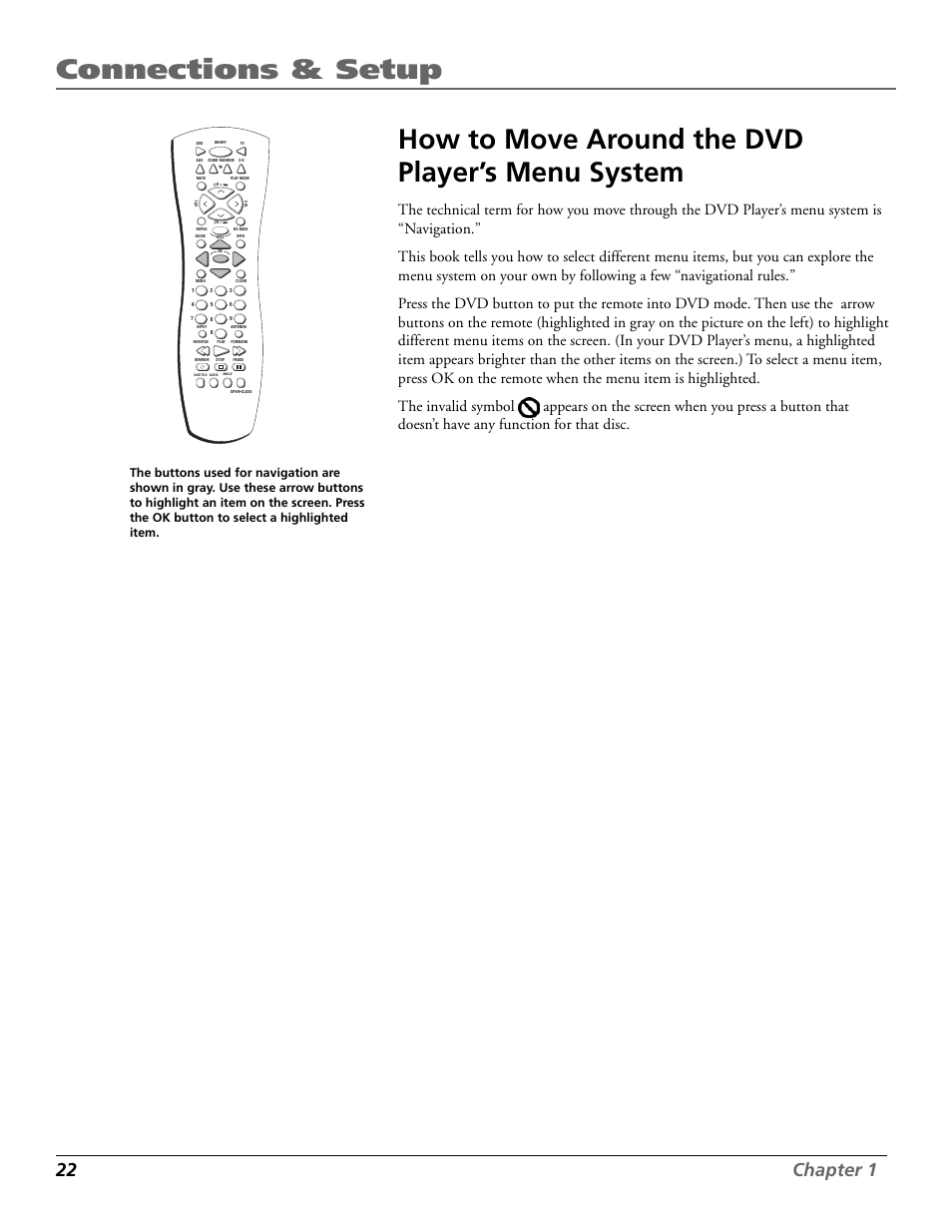 Connections & setup, How to move around the dvd player’s menu system, 22 chapter 1 | RCA RC5920P User Manual | Page 24 / 74