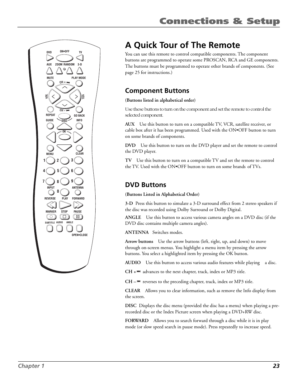 Connections & setup a quick tour of the remote, Component buttons, Dvd buttons | Chapter 1 23 | RCA RC5920P User Manual | Page 25 / 74