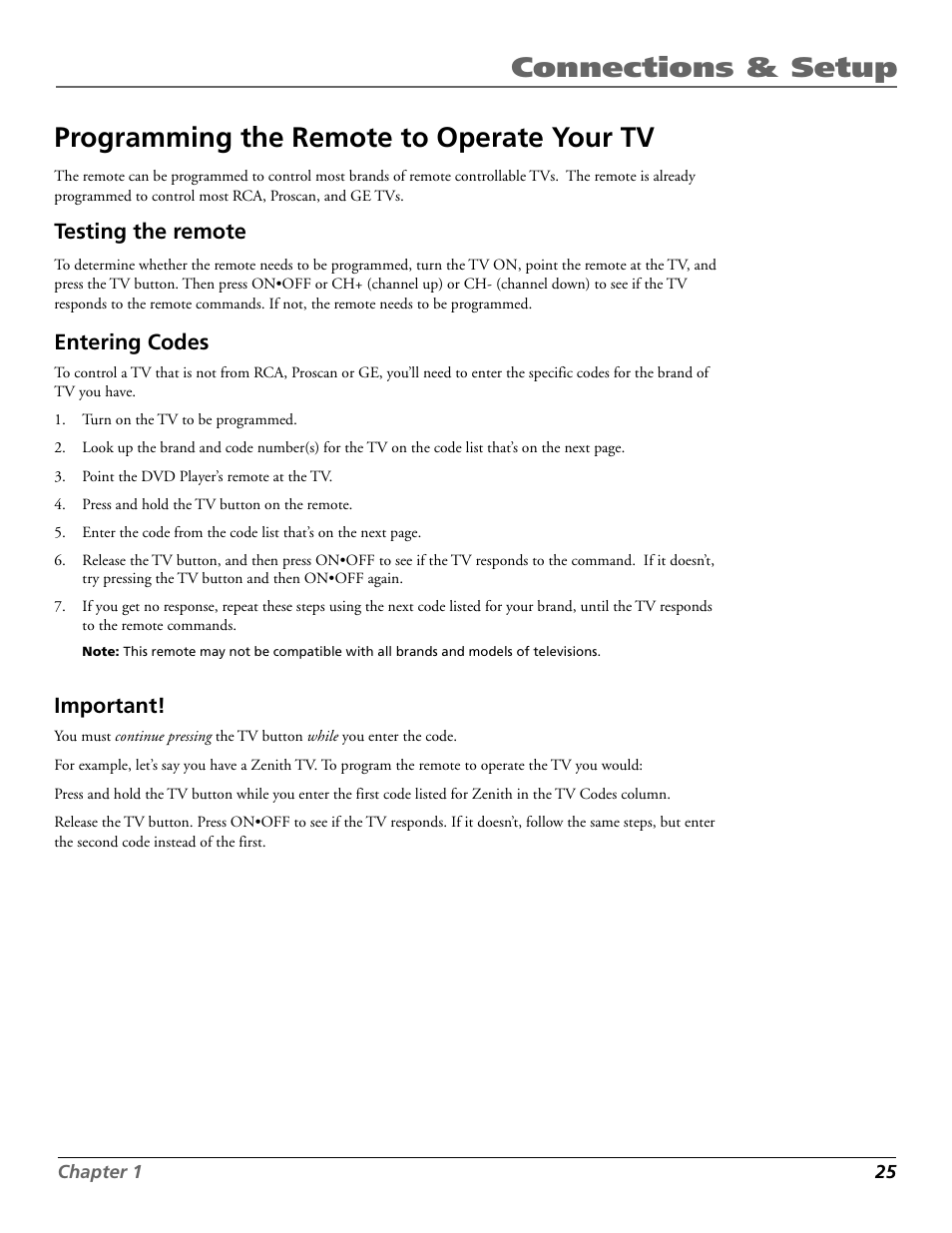 Testing the remote, Entering codes, Important | RCA RC5920P User Manual | Page 27 / 74