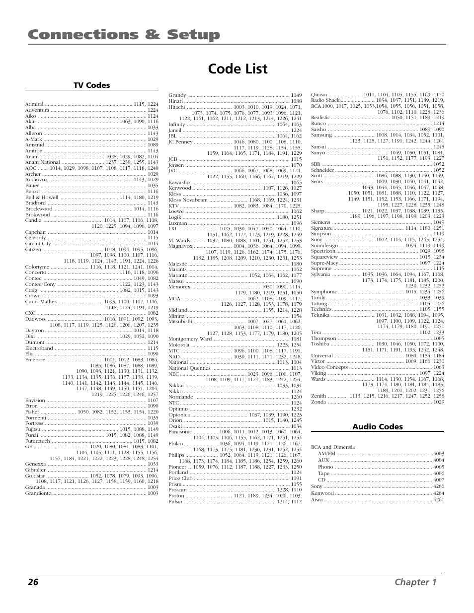 Connections & setup, Code list, 26 chapter 1 | Tv codes, Audio codes | RCA RC5920P User Manual | Page 28 / 74