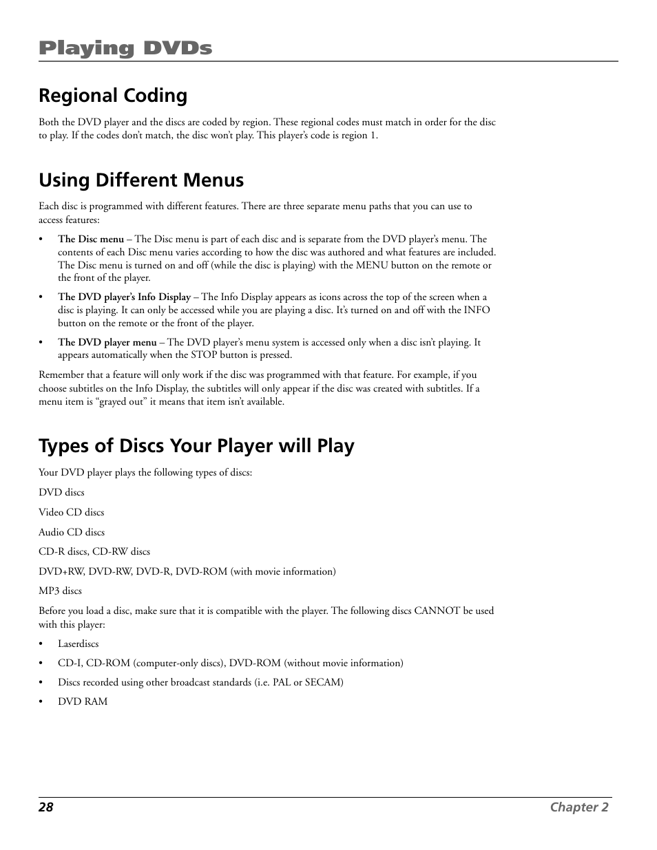 Playing dvds, Regional coding, Using different menus | Types of discs your player will play | RCA RC5920P User Manual | Page 30 / 74