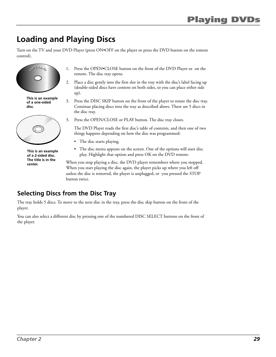 Playing dvds loading and playing discs, Selecting discs from the disc tray, Chapter 2 29 | RCA RC5920P User Manual | Page 31 / 74