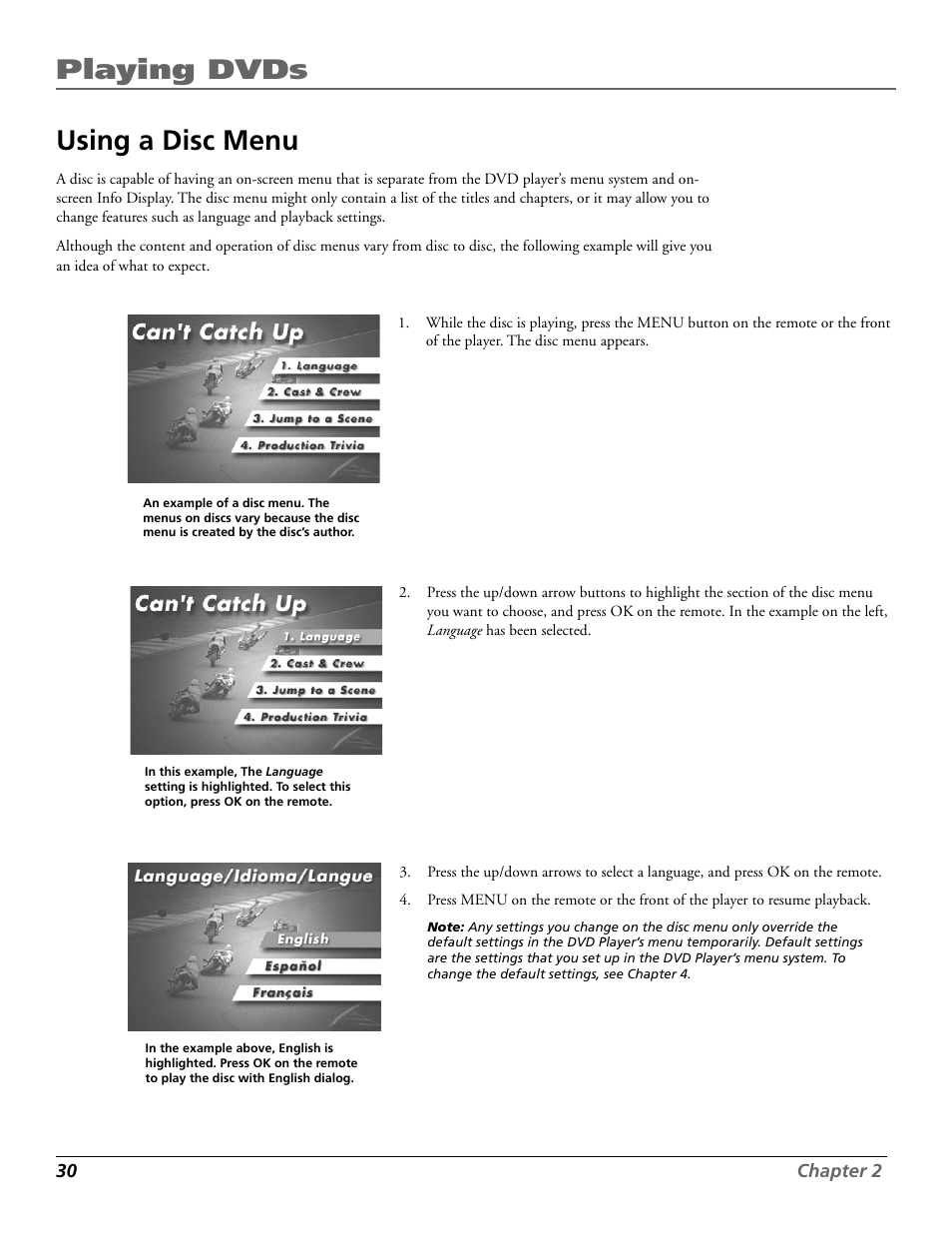 Playing dvds, Using a disc menu | RCA RC5920P User Manual | Page 32 / 74