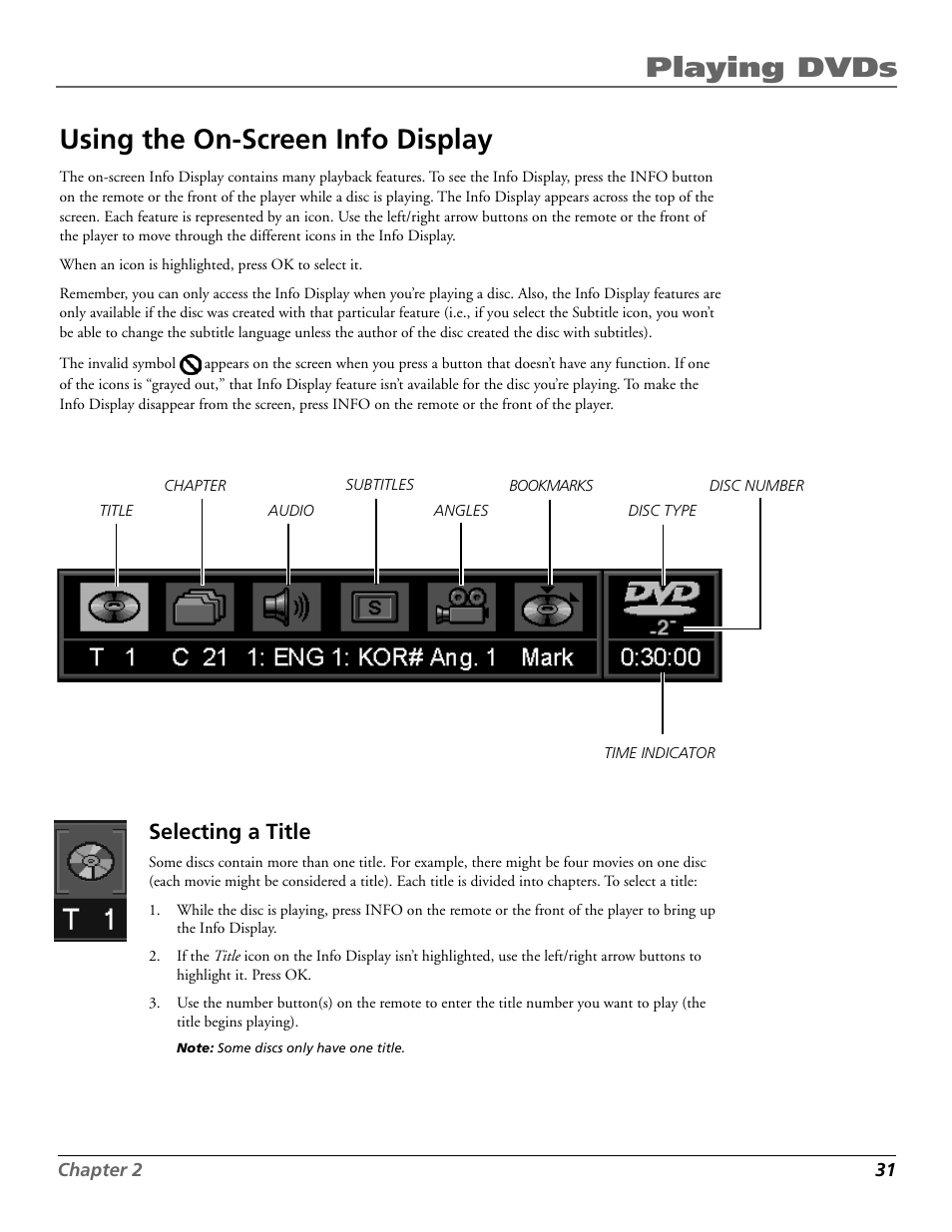 Playing dvds using the on-screen info display, Selecting a title | RCA RC5920P User Manual | Page 33 / 74