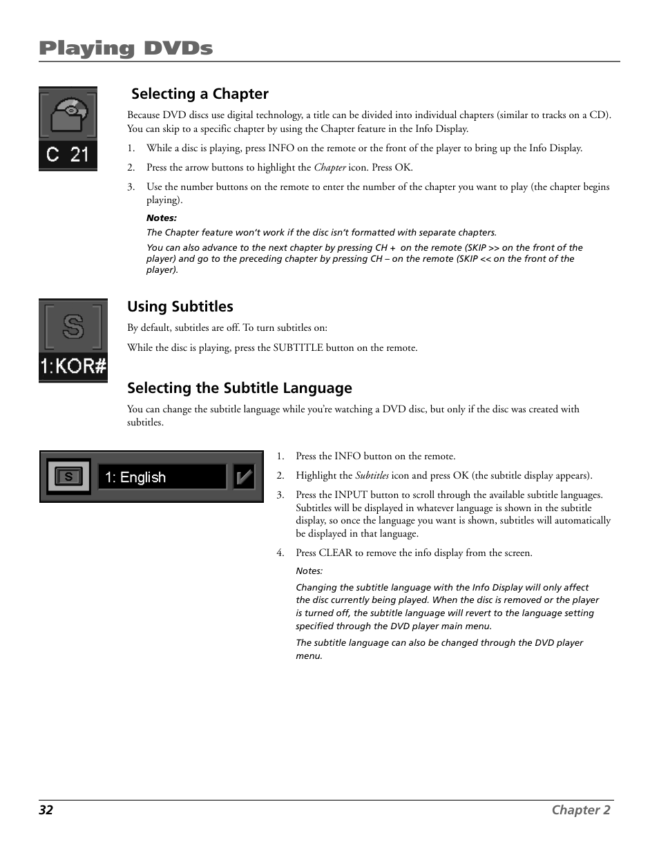 Playing dvds, Selecting a chapter, Using subtitles | Selecting the subtitle language | RCA RC5920P User Manual | Page 34 / 74