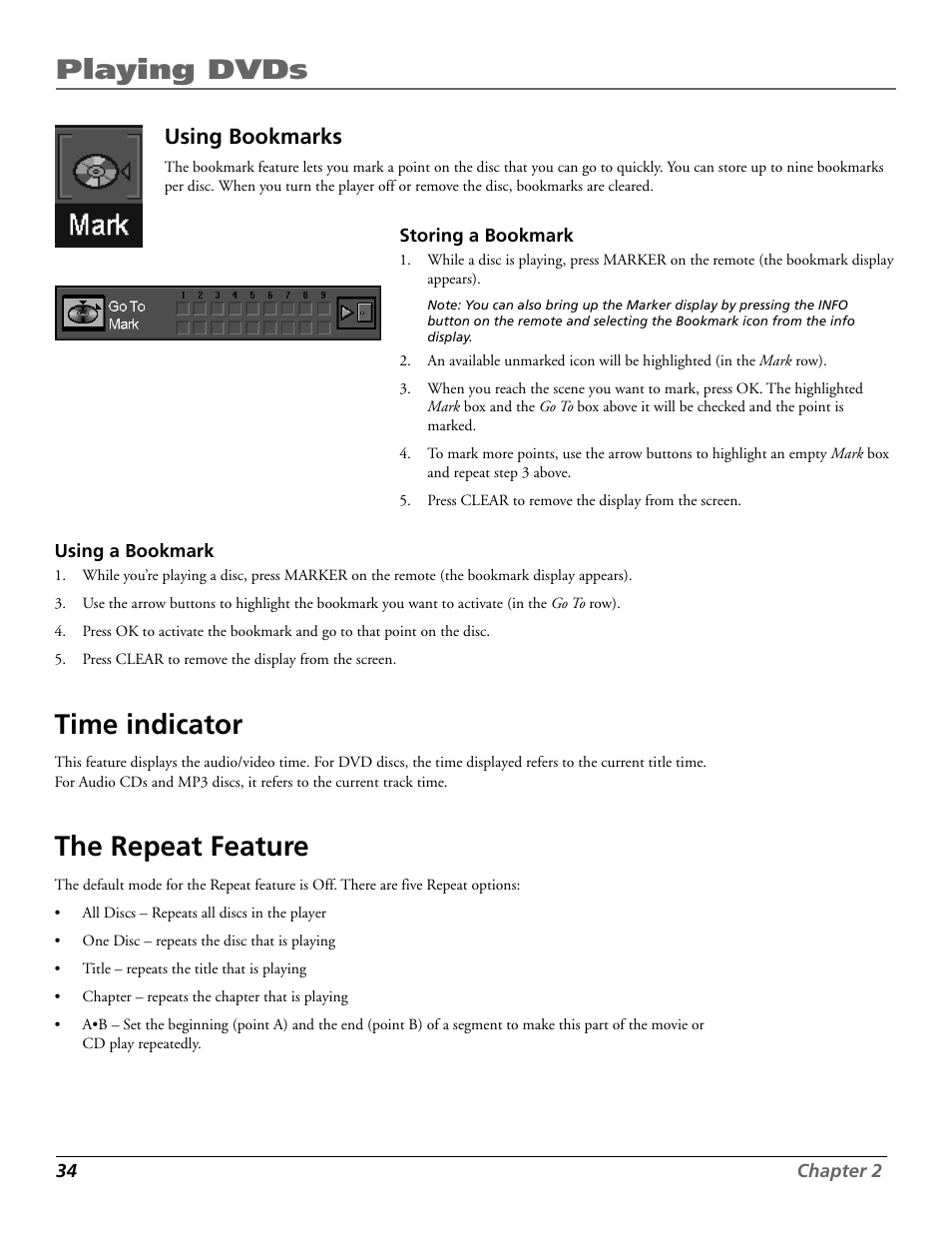 Playing dvds, Time indicator, The repeat feature | Using bookmarks | RCA RC5920P User Manual | Page 36 / 74