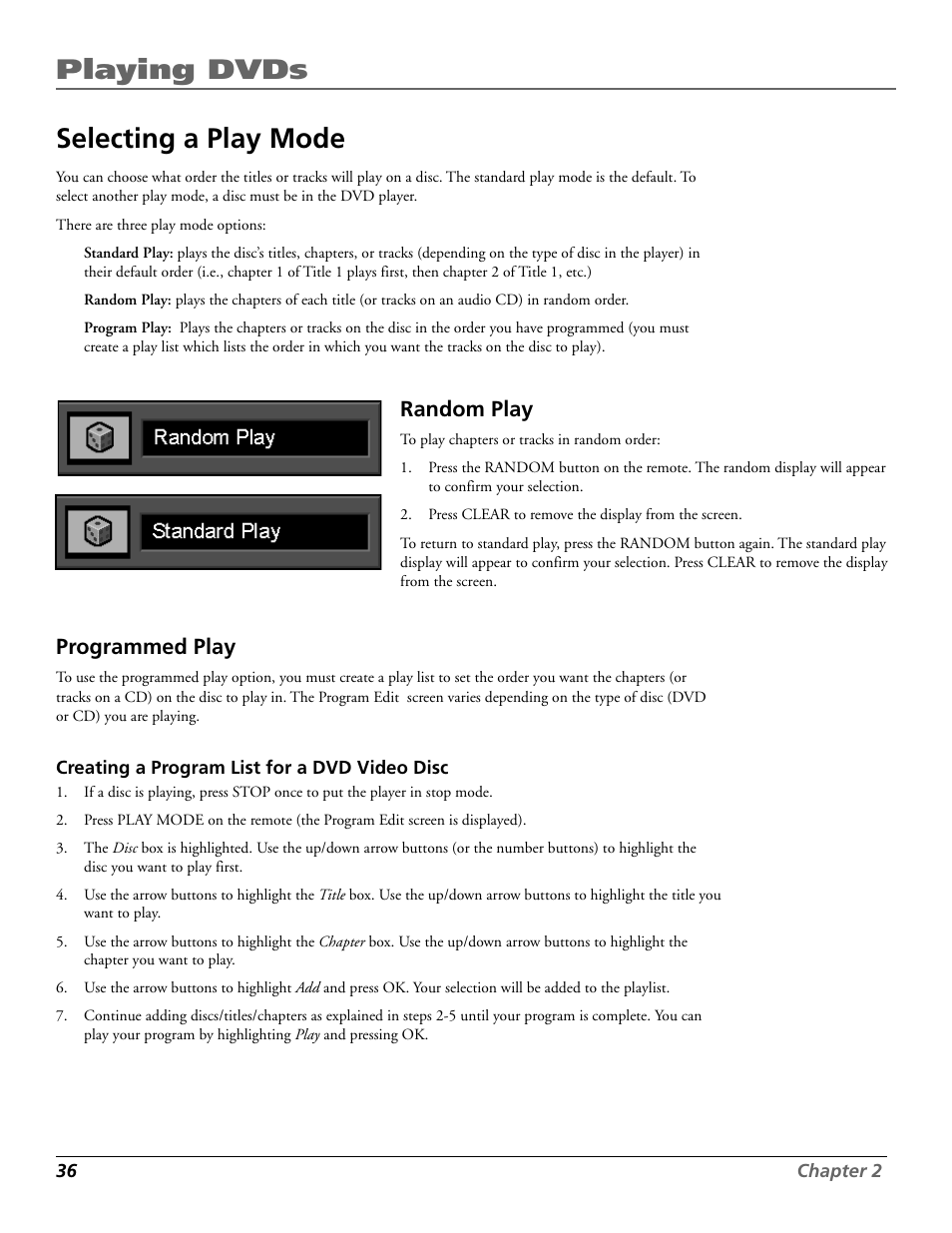 Playing dvds, Selecting a play mode, Random play | Programmed play | RCA RC5920P User Manual | Page 38 / 74