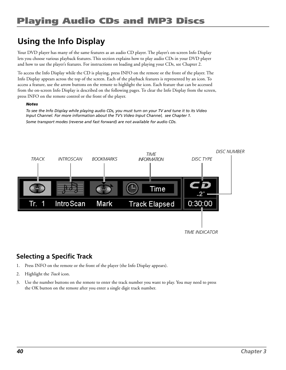 Playing audio cds and mp3 discs, Using the info display, Selecting a specific track | RCA RC5920P User Manual | Page 42 / 74