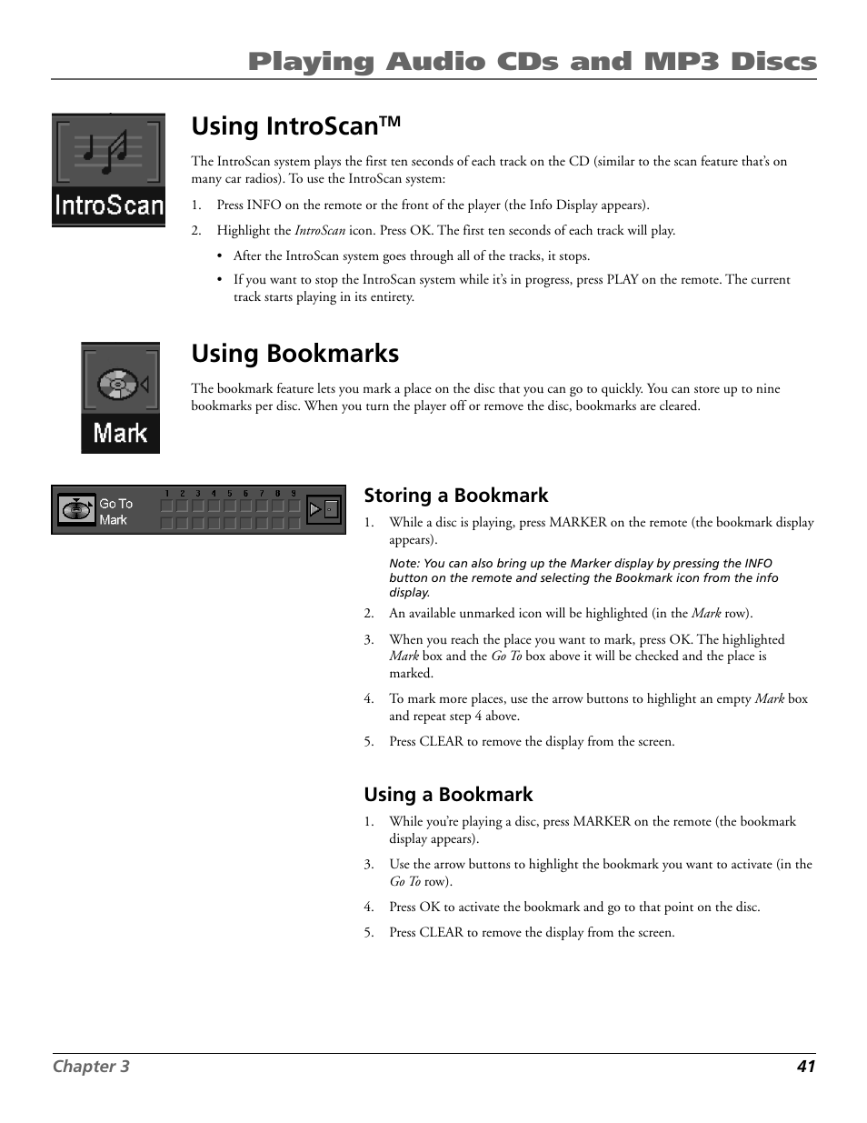 Playing audio cds and mp3 discs using introscan, Using bookmarks, Storing a bookmark | Using a bookmark | RCA RC5920P User Manual | Page 43 / 74