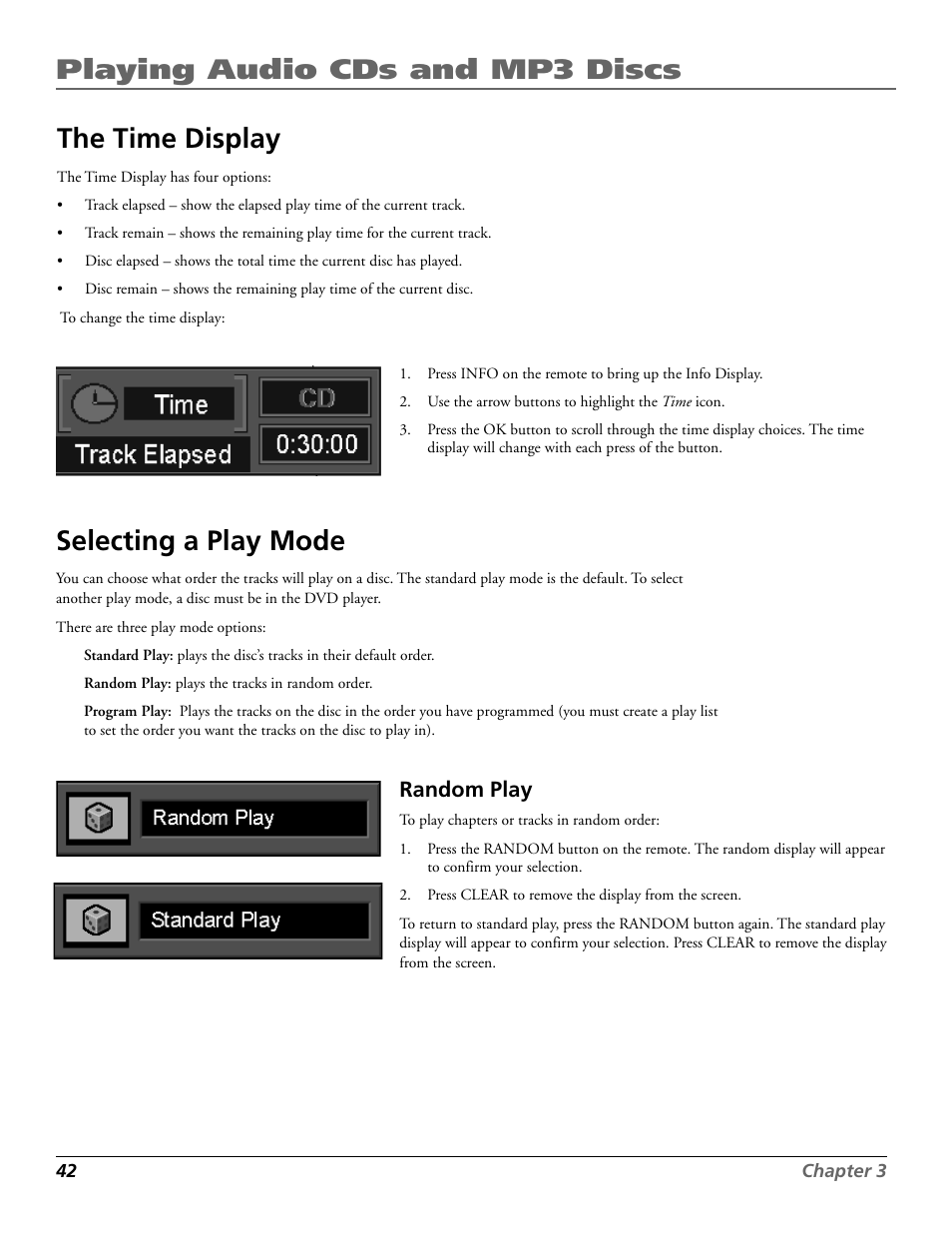 Playing audio cds and mp3 discs, The time display, Selecting a play mode | Random play | RCA RC5920P User Manual | Page 44 / 74