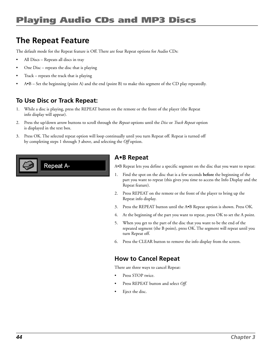 Playing audio cds and mp3 discs, The repeat feature, A•b repeat | How to cancel repeat | RCA RC5920P User Manual | Page 46 / 74