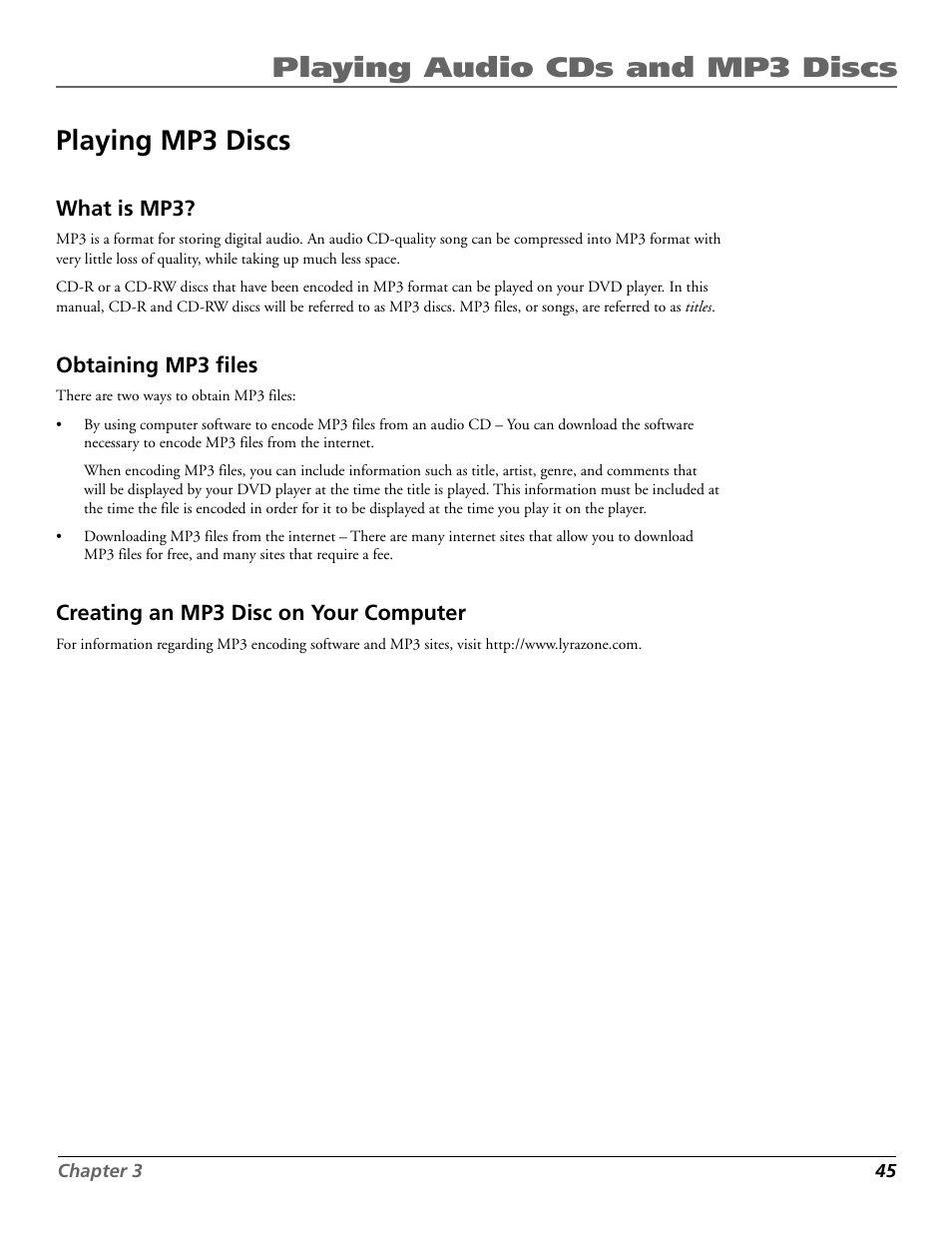 Playing audio cds and mp3 discs playing mp3 discs | RCA RC5920P User Manual | Page 47 / 74