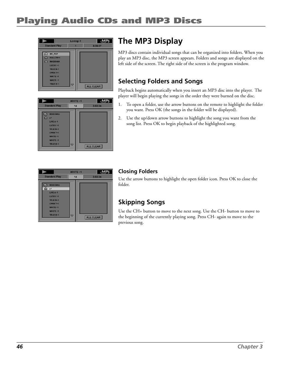 Playing audio cds and mp3 discs, The mp3 display | RCA RC5920P User Manual | Page 48 / 74