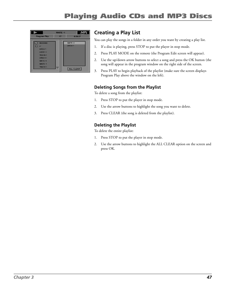 Playing audio cds and mp3 discs, Creating a play list | RCA RC5920P User Manual | Page 49 / 74