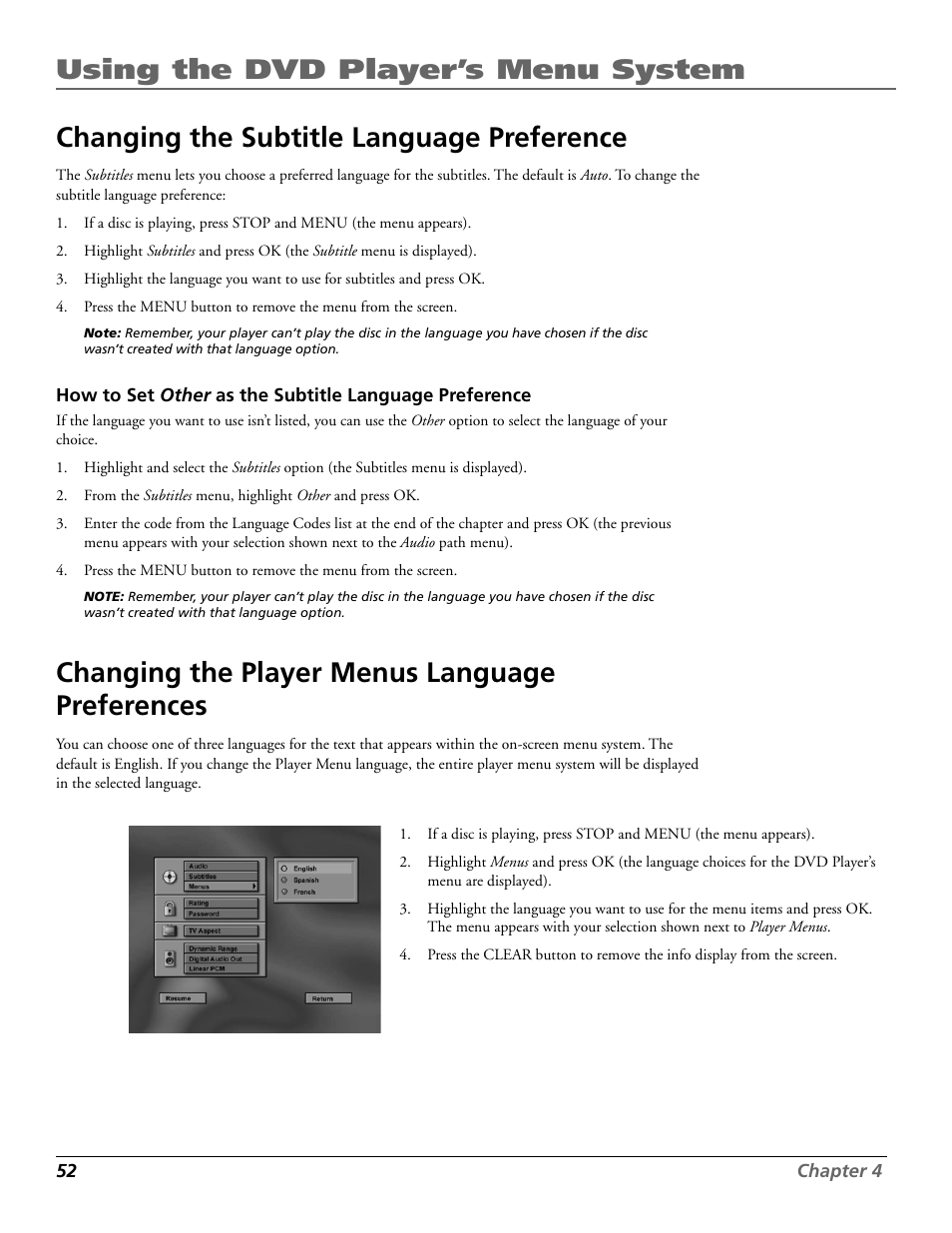 Using the dvd player’s menu system, Changing the subtitle language preference, Changing the player menus language preferences | RCA RC5920P User Manual | Page 54 / 74