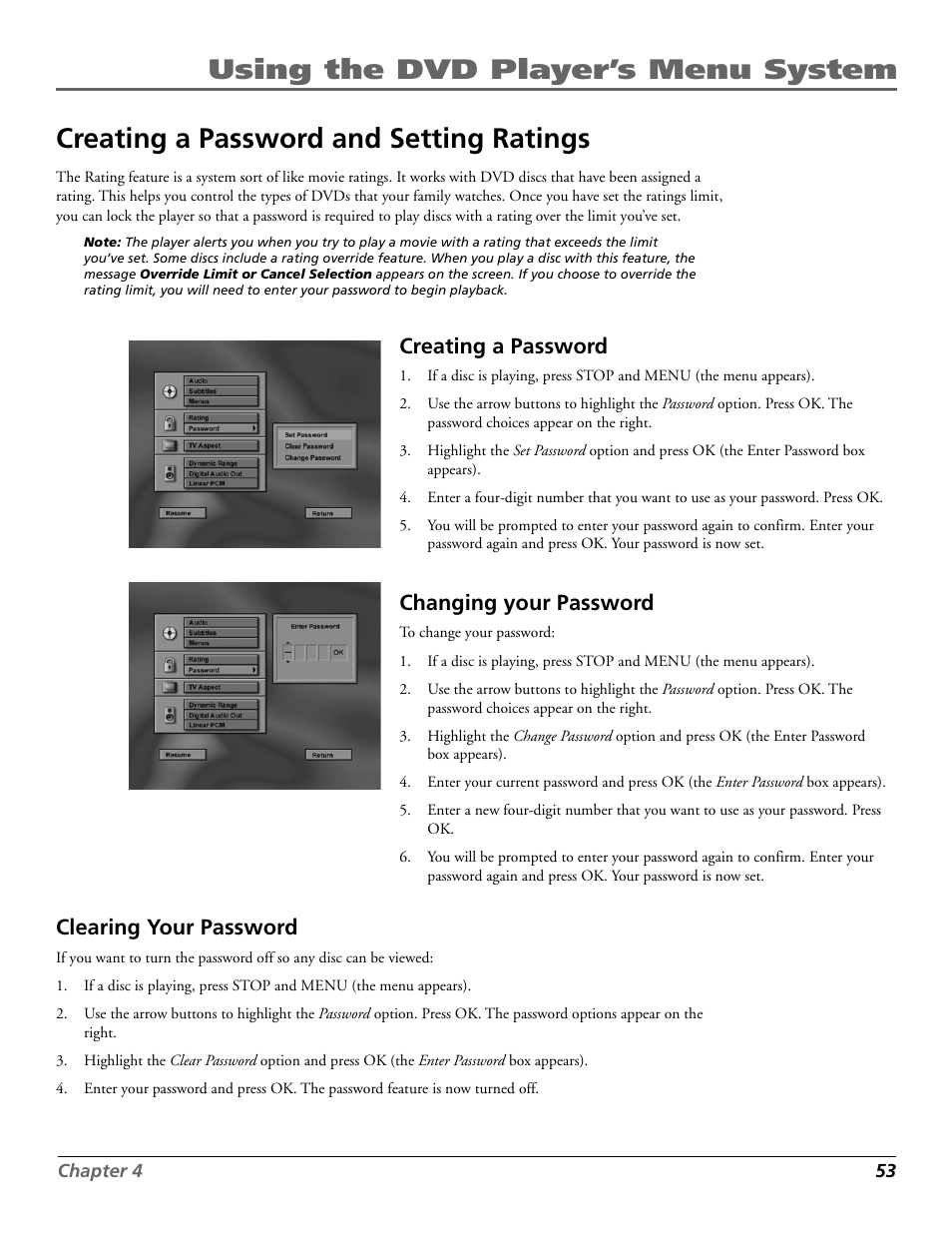 Creating a password, Changing your password, Clearing your password | RCA RC5920P User Manual | Page 55 / 74