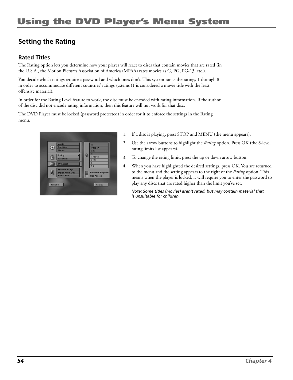 Using the dvd player’s menu system, Setting the rating | RCA RC5920P User Manual | Page 56 / 74