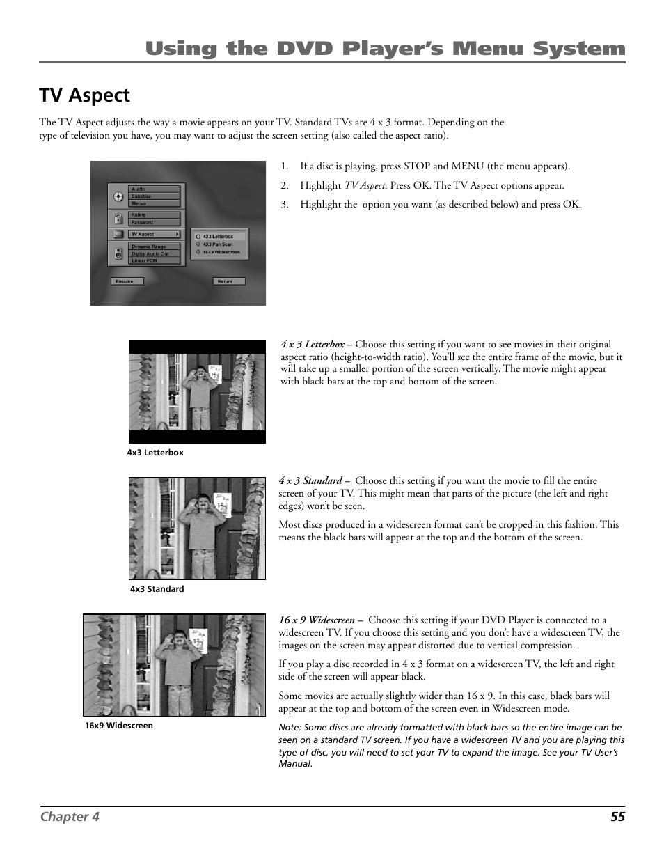 Using the dvd player’s menu system tv aspect | RCA RC5920P User Manual | Page 57 / 74