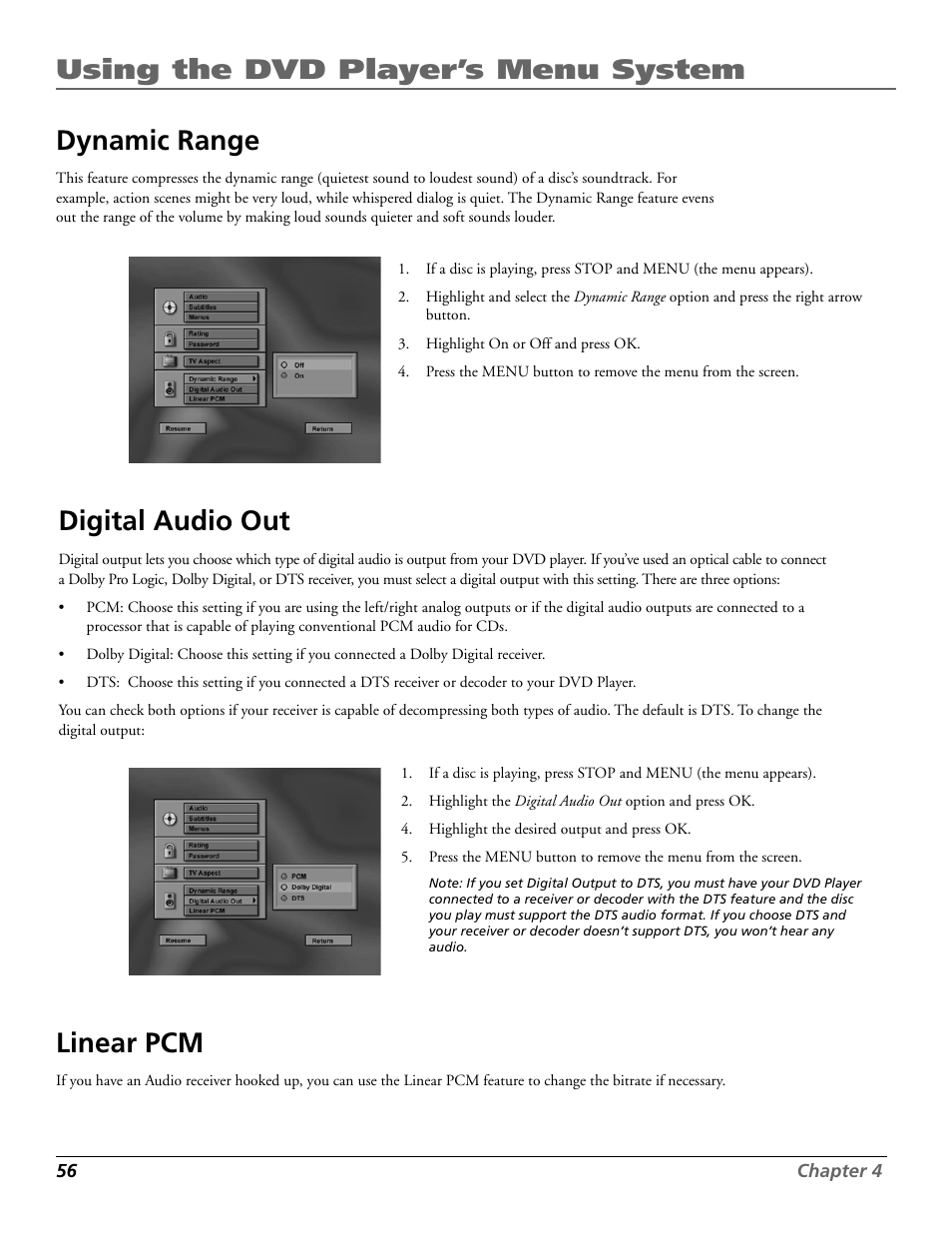 Using the dvd player’s menu system, Digital audio out, Linear pcm | Dynamic range | RCA RC5920P User Manual | Page 58 / 74