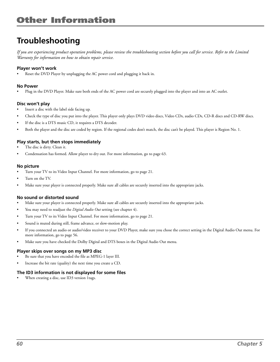 Other information troubleshooting | RCA RC5920P User Manual | Page 62 / 74