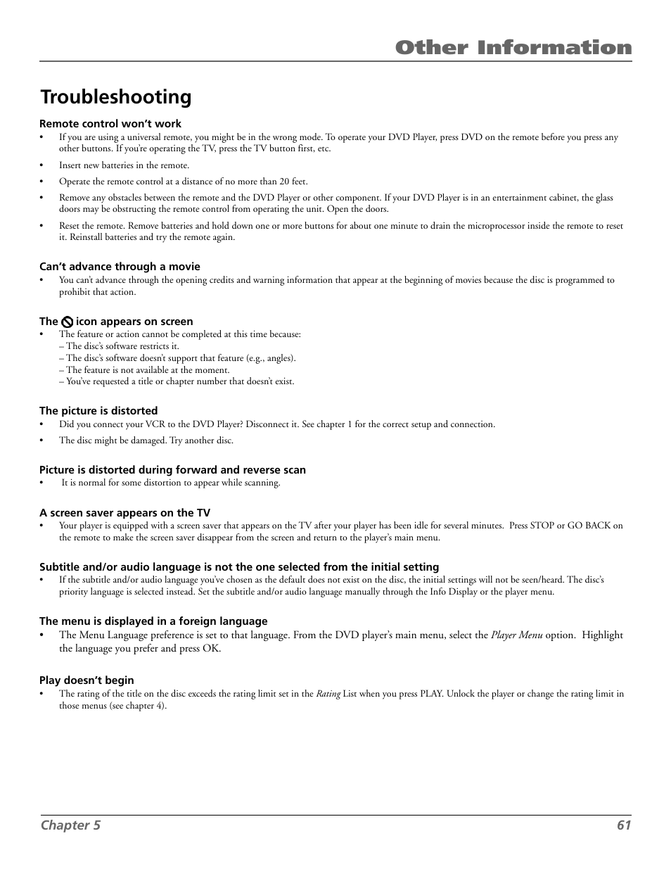 Other information troubleshooting | RCA RC5920P User Manual | Page 63 / 74