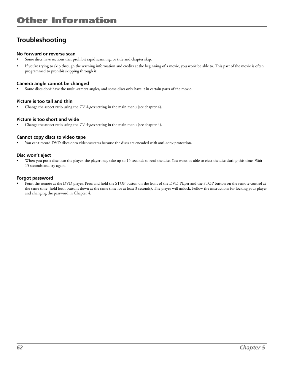 Other information, Troubleshooting | RCA RC5920P User Manual | Page 64 / 74