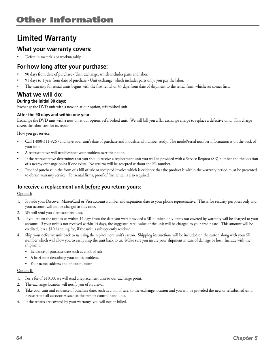 Other information limited warranty, What your warranty covers, For how long after your purchase | What we will do | RCA RC5920P User Manual | Page 66 / 74