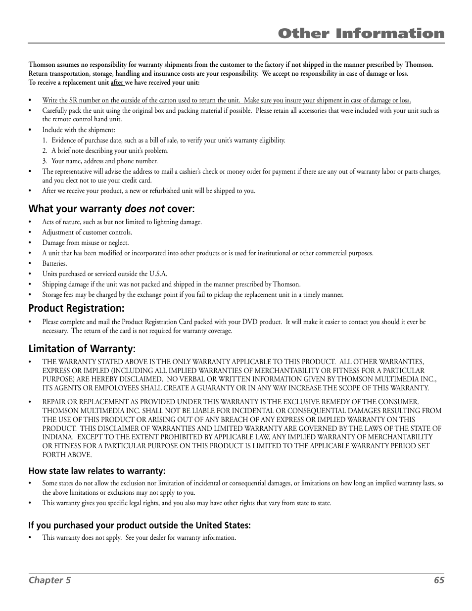 Other information, What your warranty does not cover, Product registration | Limitation of warranty | RCA RC5920P User Manual | Page 67 / 74