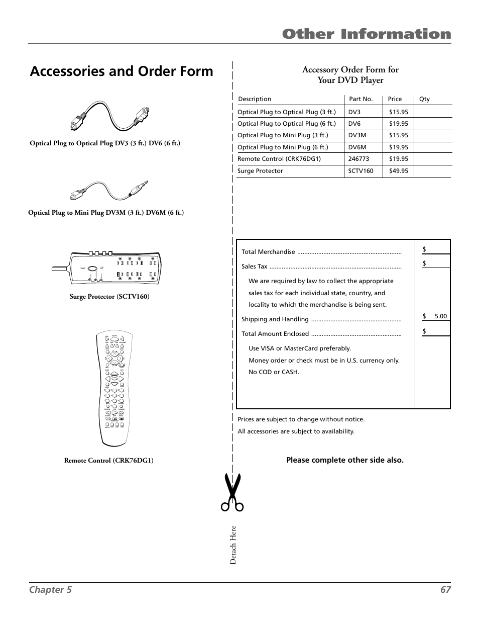 Other information, Accessories and order form, Chapter 5 67 | Accessory order form for your dvd player, Detach h er e, Please complete other side also | RCA RC5920P User Manual | Page 69 / 74