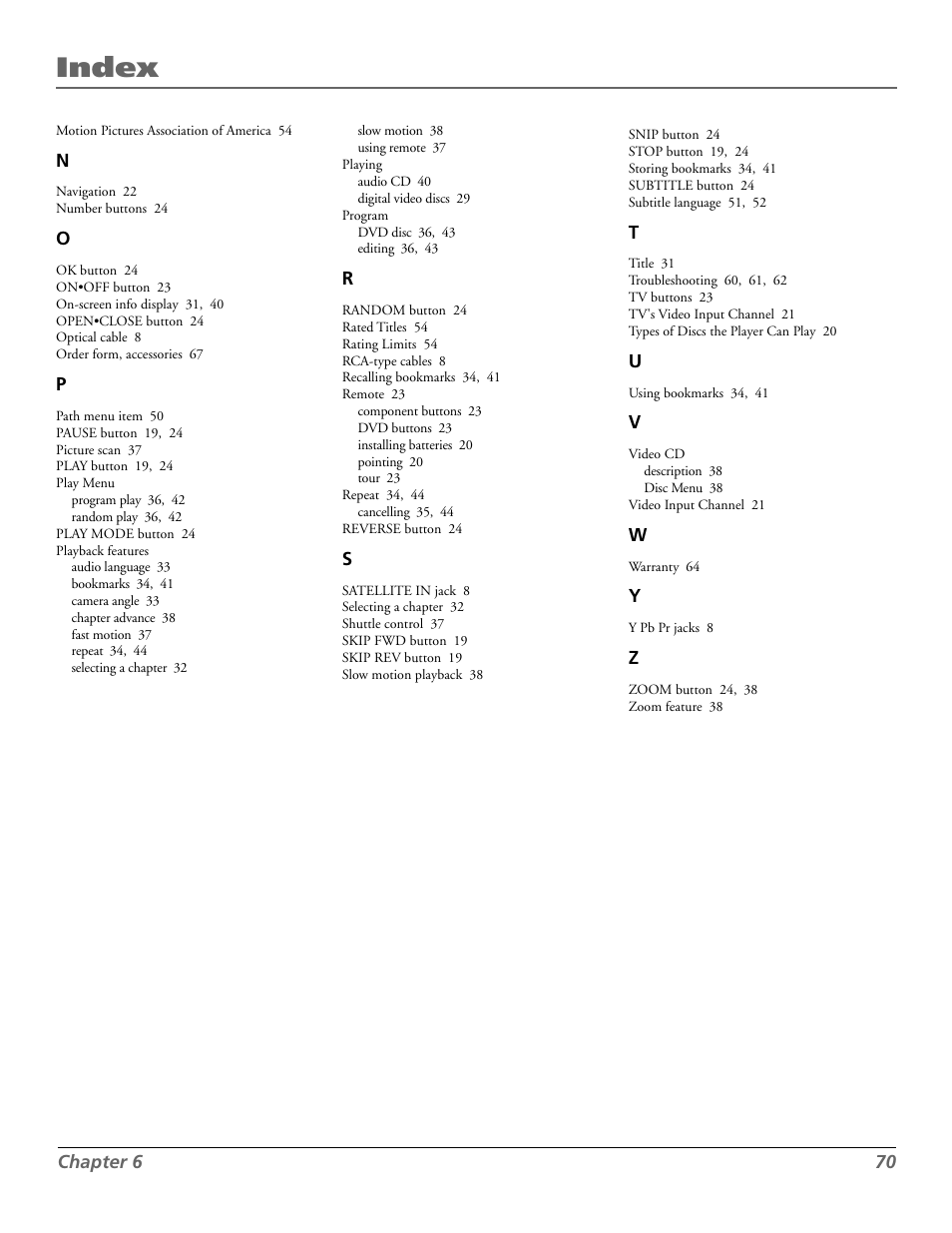 Index | RCA RC5920P User Manual | Page 72 / 74