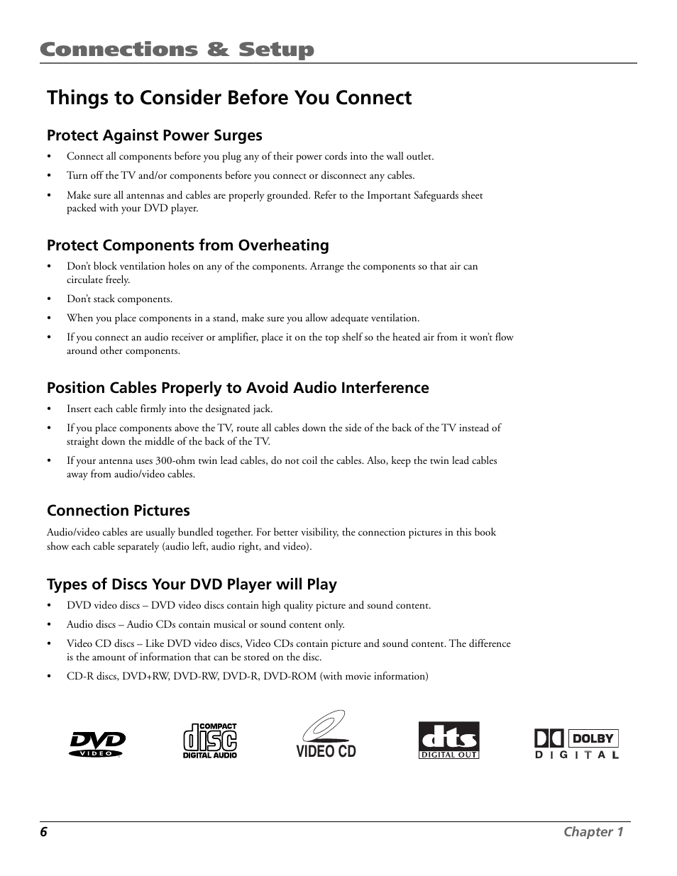 Connections & setup, Things to consider before you connect, Video cd | Protect against power surges, Protect components from overheating, Connection pictures, Types of discs your dvd player will play | RCA RC5920P User Manual | Page 8 / 74