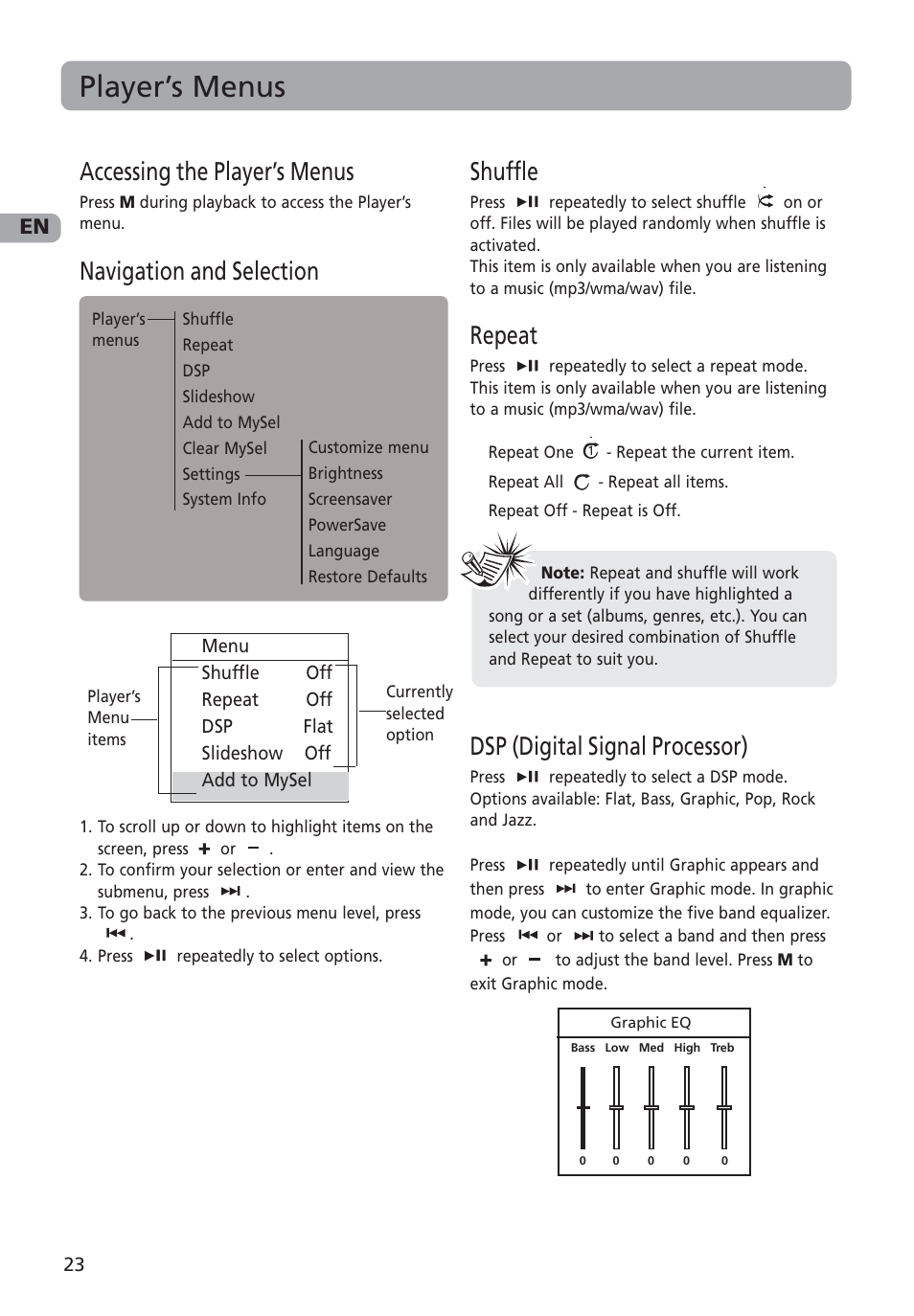 Player’s menus, Accessing the player’s menus, Navigation and selection | Shuffle, Repeat, Dsp (digital signal processor) | RCA M4001 User Manual | Page 24 / 30