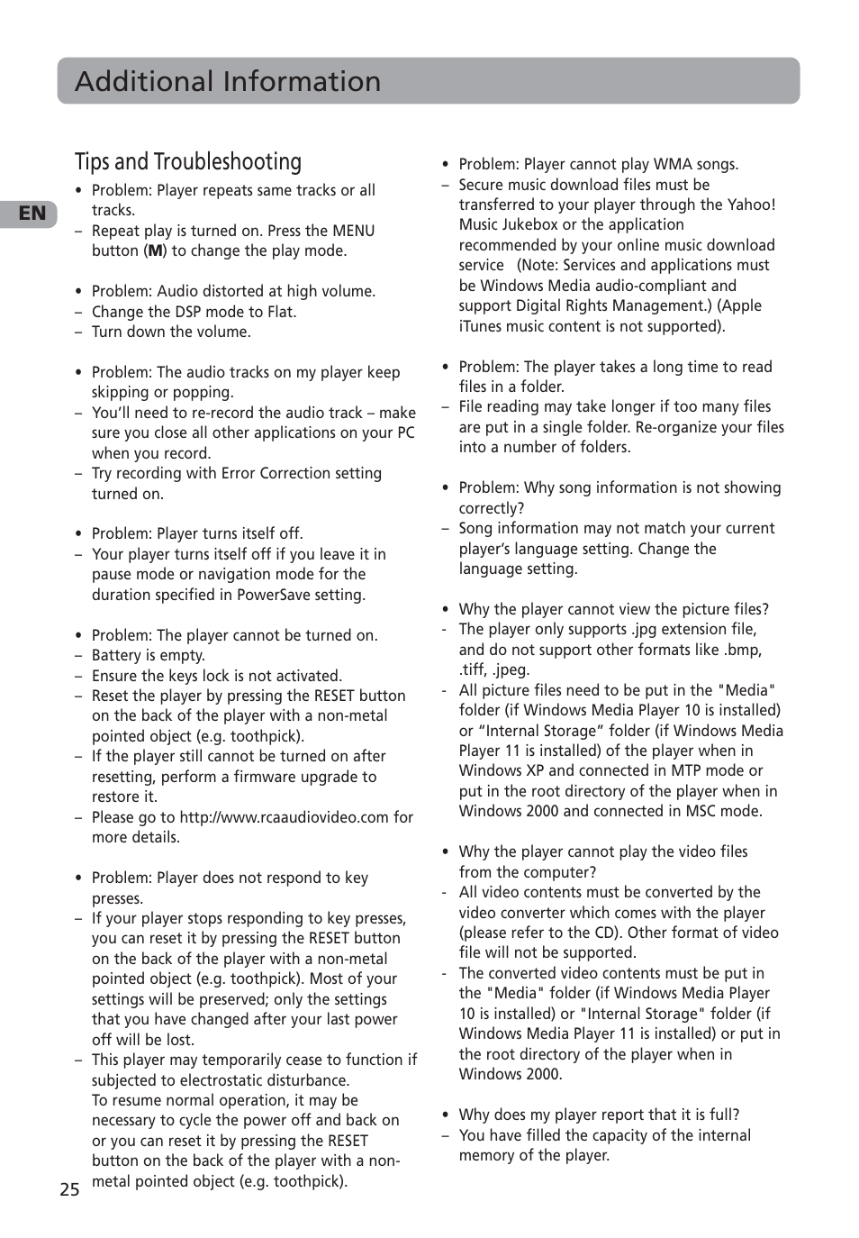 Additional information, Tips and troubleshooting | RCA M4001 User Manual | Page 26 / 30