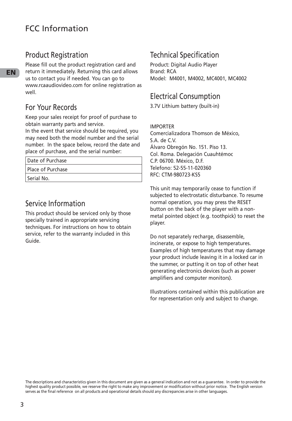 Product registration, For your records, Service information | Technical specification, Electrical consumption, Fcc information | RCA M4001 User Manual | Page 4 / 30