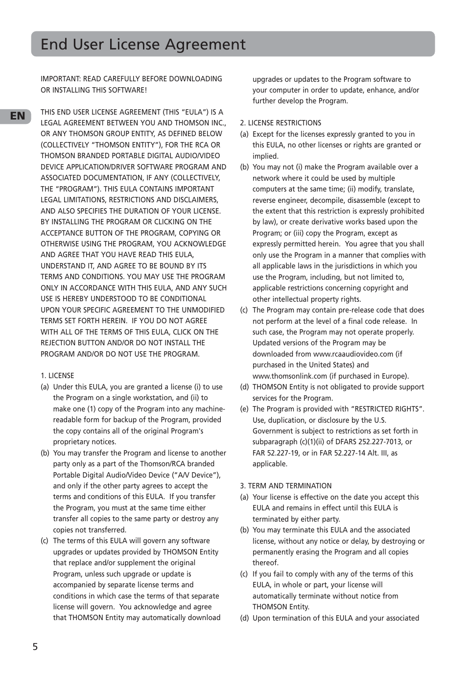 End user license agreement | RCA M4001 User Manual | Page 6 / 30