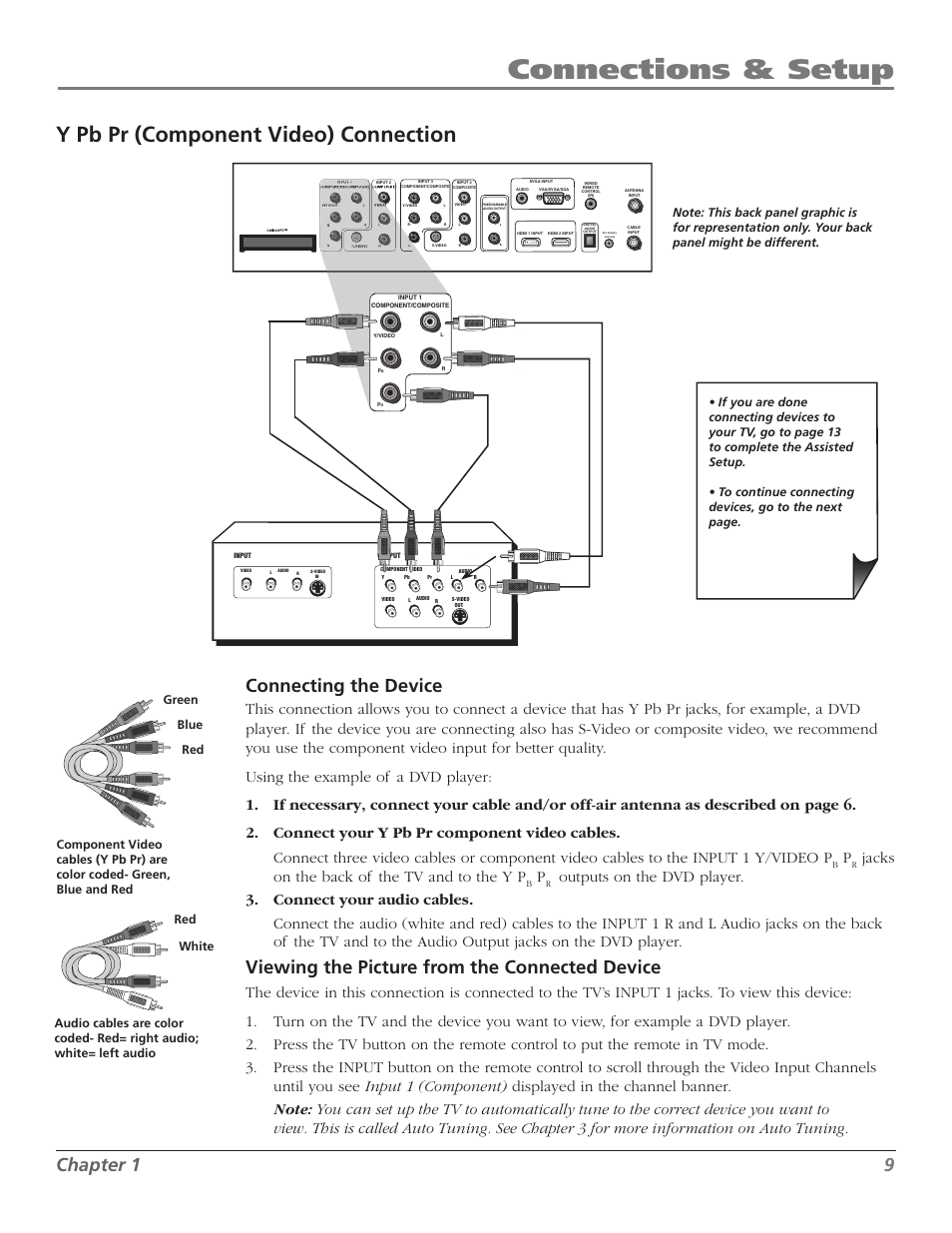 Connections & setup, Y pb pr (component video) connection, Chapter | Connecting the device, Viewing the picture from the connected device, Jacks on the back of the tv and to the y p | RCA M50WH186 User Manual | Page 11 / 64