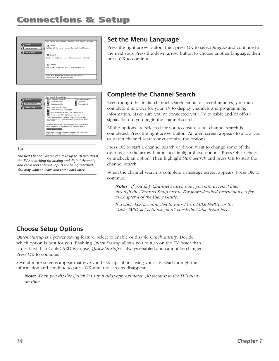 Connections & setup, Complete the channel search, Set the menu language | Choose setup options, Chapter | RCA M50WH186 User Manual | Page 16 / 64