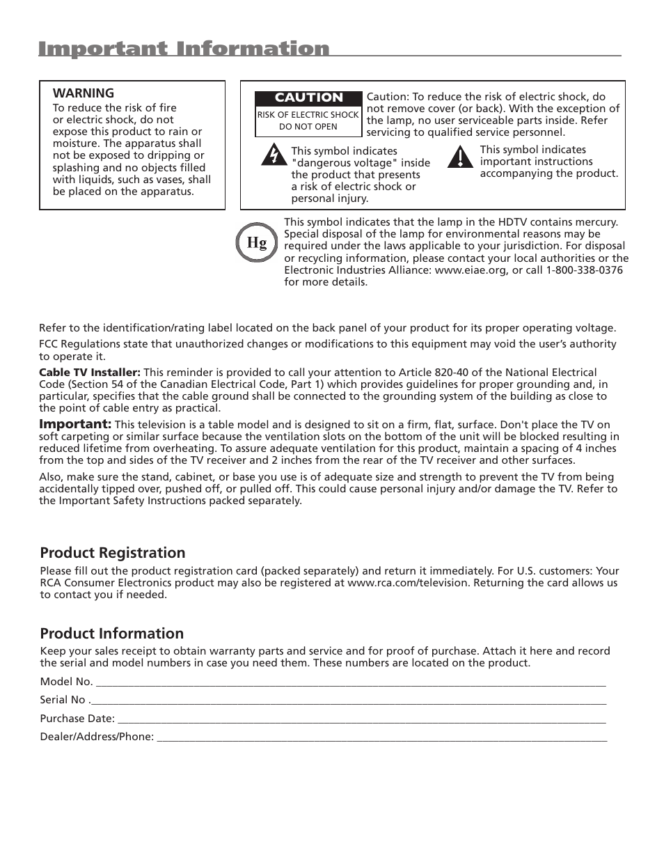 Important information, Product registration, Product information | RCA M50WH186 User Manual | Page 2 / 64