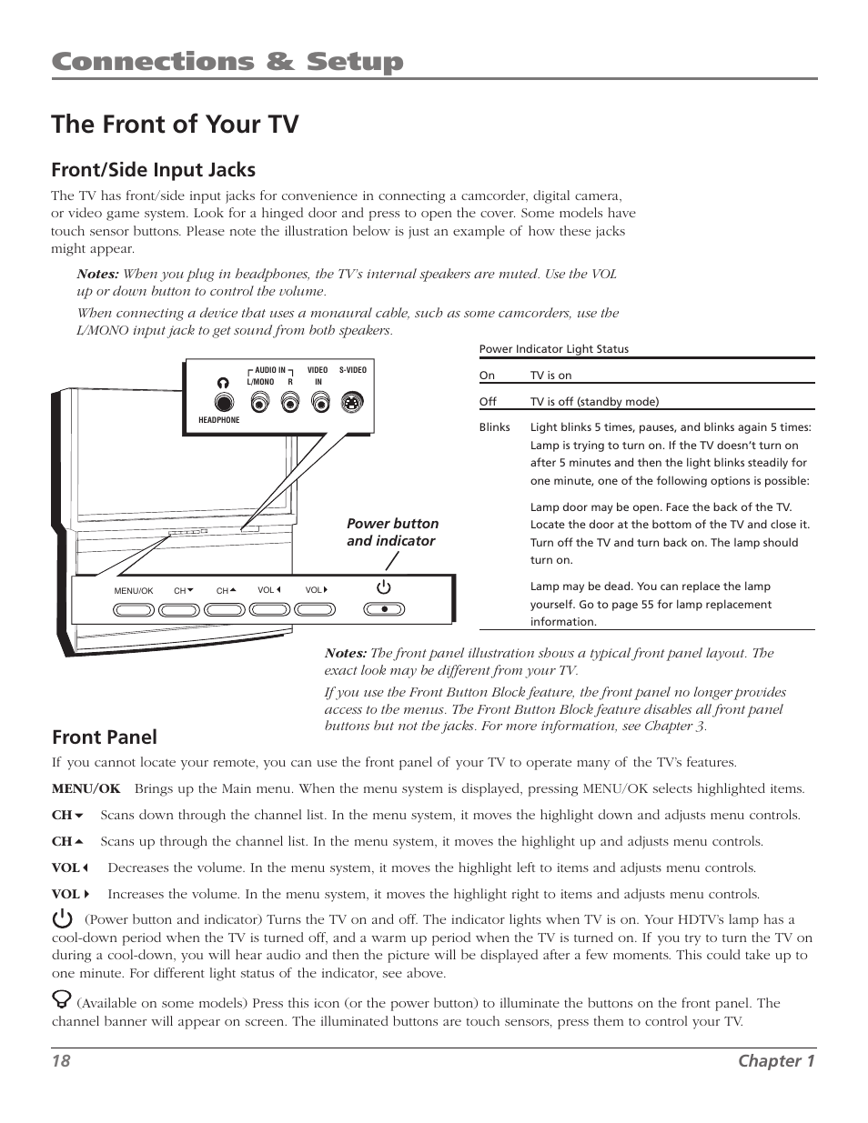 Connections & setup, The front of your tv, Front panel | Front/side input jacks, Chapter | RCA M50WH186 User Manual | Page 20 / 64