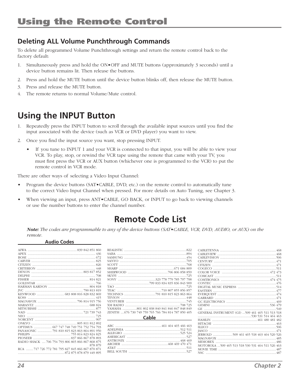Using the remote control, Using the input button, Remote code list | Deleting all volume punchthrough commands, Chapter | RCA M50WH186 User Manual | Page 26 / 64