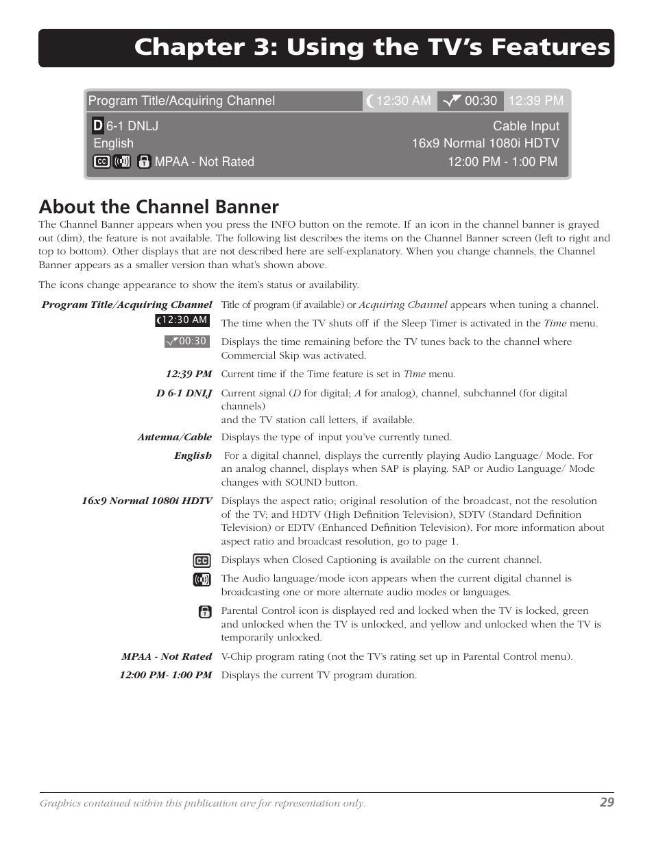 Chapter 3: using the tv’s features, About the channel banner | RCA M50WH186 User Manual | Page 31 / 64
