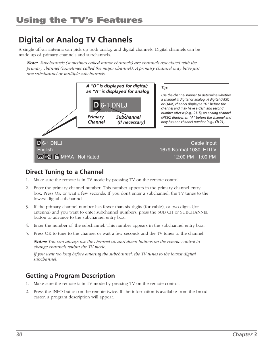 Using the tv’s features, Digital or analog tv channels, 1 dnlj | RCA M50WH186 User Manual | Page 32 / 64