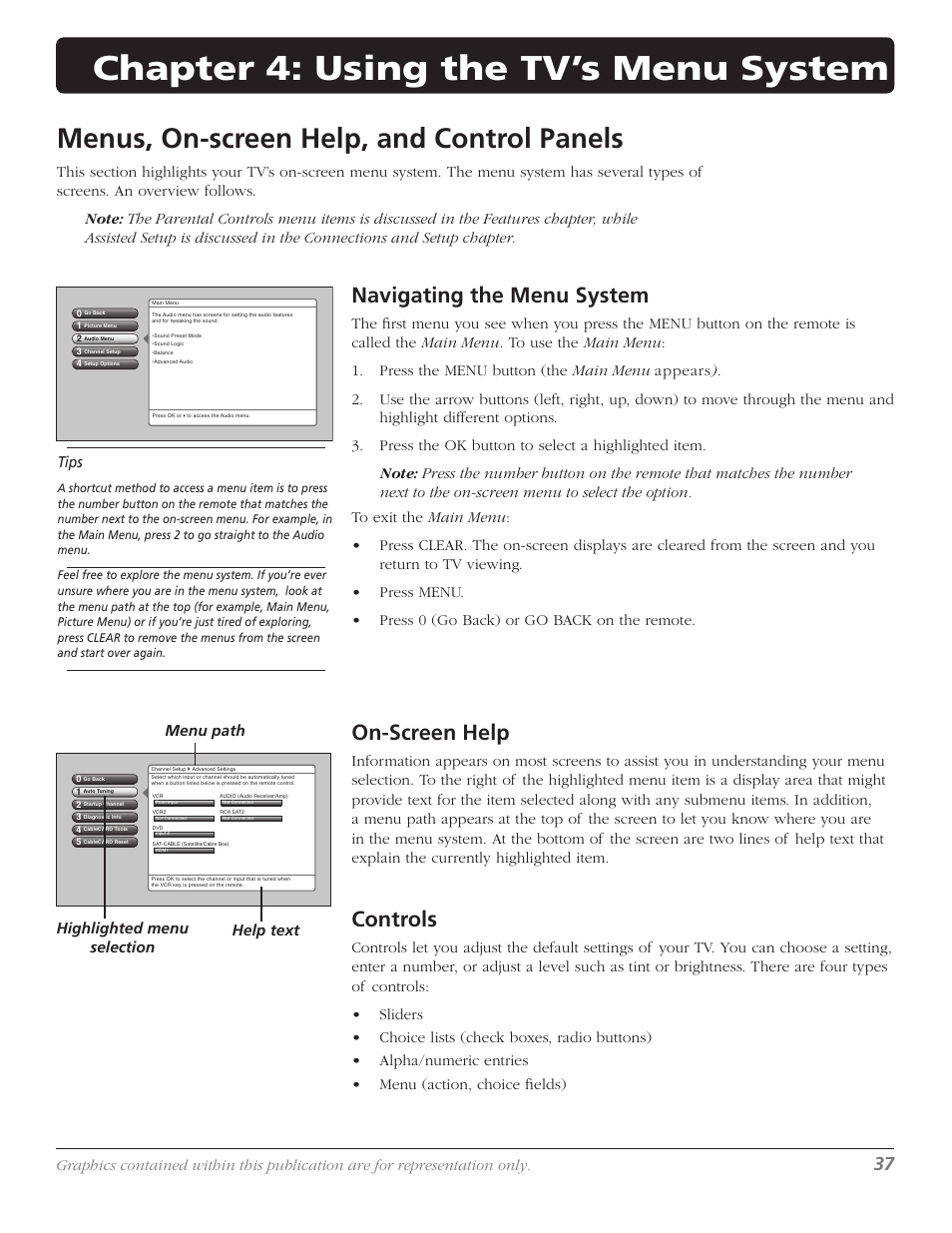 Chapter 4: using the tv’s menu system, Menus, on-screen help, and control panels, Navigating the menu system | On-screen help, Controls, Tips, Menu path help text highlighted menu selection | RCA M50WH186 User Manual | Page 39 / 64