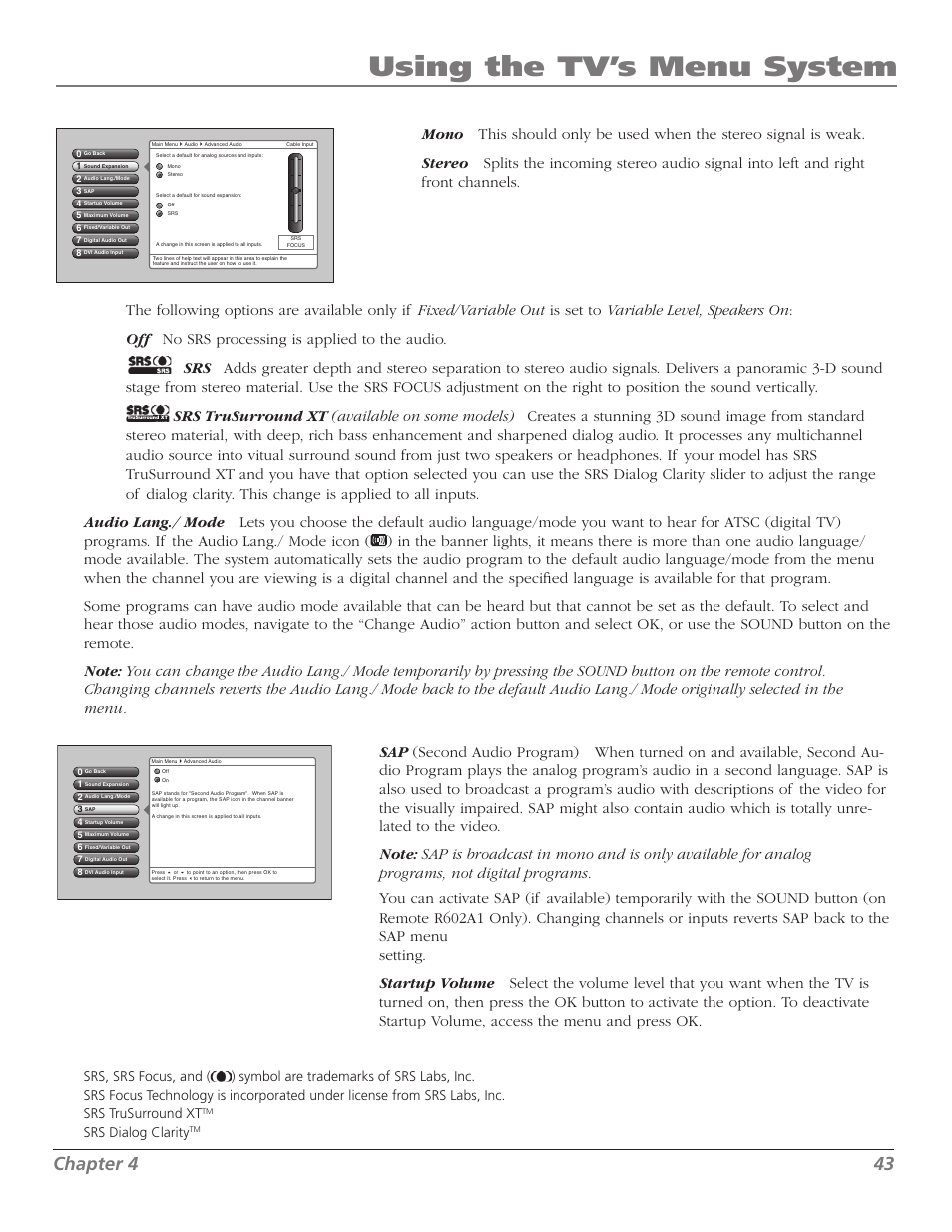 Using the tv’s menu system, Chapter, Srs dialog clarity | RCA M50WH186 User Manual | Page 45 / 64