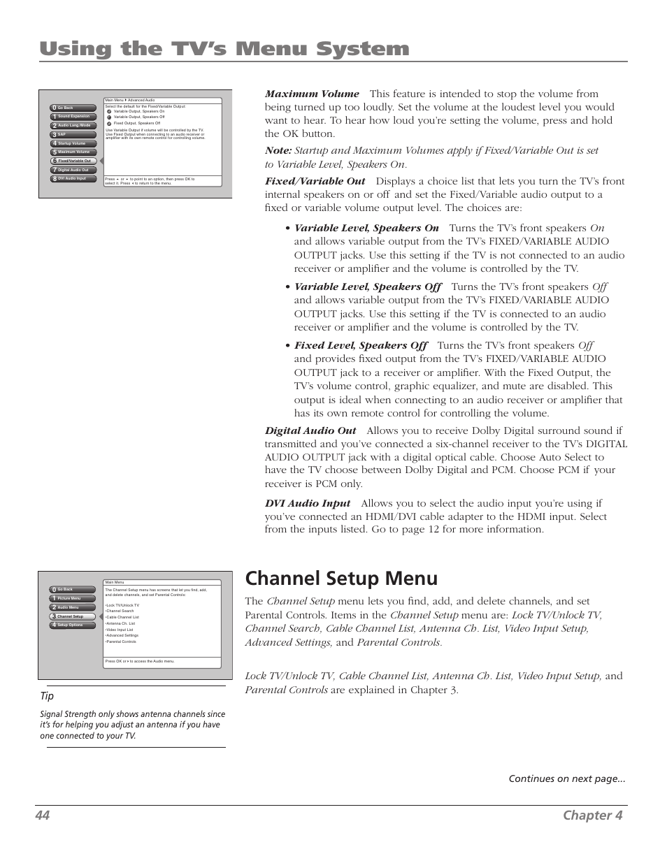 Using the tv’s menu system, Channel setup menu, Chapter | Continues on next page | RCA M50WH186 User Manual | Page 46 / 64